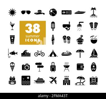 Sommer-Vektorglyphensymbole eingestellt. Sommerzeitzeichen. Graph-Symbol für Reise- und Tourismus-Website und Apps Design, Logo, App, UI Stock Vektor