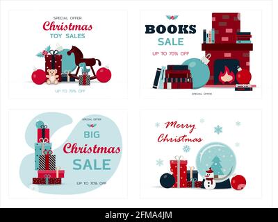 Set von weihnachtskarten. Vektordarstellung eines großen weihnachtsverkaufs. Gemütlicher Kamin mit Büchern im Regal. Banner für den Verkauf im neuen Jahr, schwarzer Freitag Stock Vektor