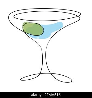 Fortlaufende Linienzeichnung. Martini im Glas mit Olive. Isoliert auf weißem Hintergrund. Handgezeichnete Vektorgrafik. Grün blau Stock Vektor