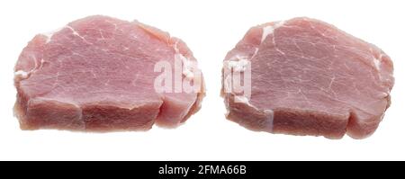 Rohe Schweinelende (Sirloin)-Steaks (Stücke), saftig und frisch. Isoliert auf weißem Hintergrund. Stockfoto
