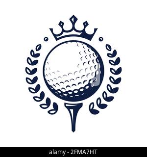 Golfball-Vektorlogo. Golfball auf T-Shirt mit Kranz und Krone. Vektorgrafik, isoliert auf weißem Hintergrund Stock Vektor