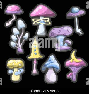 Set von Vektor-Zauberpilzen. Space Cartoon Pilze. Farbenfrohe Illustrationen des Weltraums mit fliegenden Untertassen, Planeten und Sternen. Banner, Werbung Stock Vektor