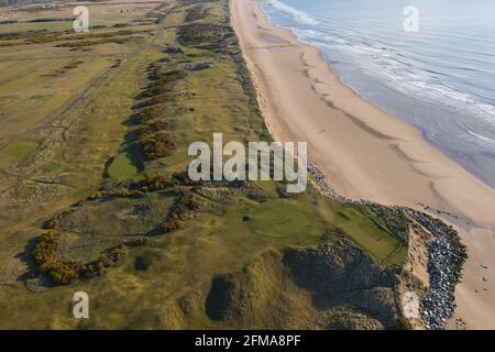 Luftaufnahme der Küstenerosion, die den Golfplatz 1562, Montrose, Angus, Schottland, betrifft. Stockfoto