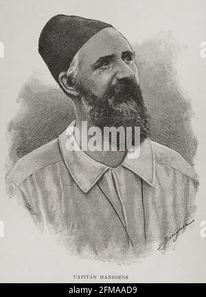 Edmond Hanssens (1843-1884). Belgisches Militär, Entdecker und Kolonialverwalter. Er nahm an der Expedition von Stanley in den Kongo Teil. Gravur. El Congo y la Creación del Estado Independiente de este nombre. Historia de los trabajos y Exploraciones Verificados (der Kongo und die Gründung seines Freistaates. A Story of Work and Exploration), von Henry M. Stanley. Herausgegeben in Barcelona, um 1890. Spanien. Stockfoto