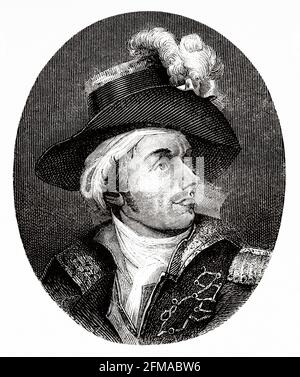 Porträt von François Athanase de Charette de la Contrie (1763-1796) Französischer Royalistischer Soldat und Politiker. Er diente während des amerikanischen Revolutionskrieges in der französischen Royal Navy und war einer der Führer des Aufstands in der Vendée gegen das revolutionäre Regime. Frankreich. Alte Illustration aus dem 19. Jahrhundert nach Histoire de la Revolution Francaise 1876 von Jules Michelet (1798-1874) Stockfoto