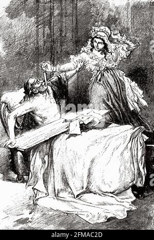 Der Mord an Marat durch Chalotte Corday. Jean-Paul Marat, 13. Juli 1793 (1743-1793) Französischer Politiker, Arzt und Journalist. Alte Illustration aus dem 19. Jahrhundert nach Histoire de la Revolution Francaise 1876 von Jules Michelet (1798-1874) Stockfoto