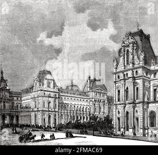 Der alte Innenhof des Louvre-Palastes in Paris. Frankreich. Alte Illustration aus dem 19. Jahrhundert nach Histoire de la Revolution Francaise 1876 von Jules Michelet (1798-1874) Stockfoto