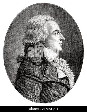 Porträt von Claude Basire (1764-1794) war ein französischer Politiker der revolutionären Periode. Frankreich. Alte Illustration aus dem 19. Jahrhundert nach Histoire de la Revolution Francaise 1876 von Jules Michelet (1798-1874) Stockfoto