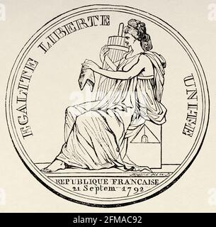 Convention-Mitgliedskarte. Der Nationalkonvent war ein parlament der Französischen Revolution, nach der zweijährigen Nationalen Konstituierenden Versammlung und der einjährigen Legislativen Versammlung. Nach dem großen Aufstand vom 10. August 1792 gegründet, war es die erste französische Regierung, die als Republik organisiert wurde. Frankreich. Alte Illustration aus dem 19. Jahrhundert nach Histoire de la Revolution Francaise 1876 von Jules Michelet (1798-1874) Stockfoto