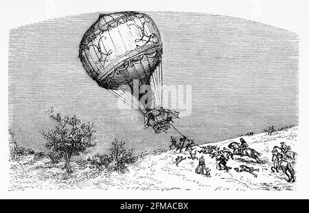 Schlacht von Fleurus 26. Juni 1794. Französische Revolutionäre Kriege. Die französische Niederlage der Österreicher und ihrer Verbündeten. Der erste Einsatz eines Heißluftballons zur Luftbeobachtung während eines Kampfes. Frankreich. Alte Illustration aus dem 19. Jahrhundert nach Histoire de la Revolution Francaise 1876 von Jules Michelet (1798-1874) Stockfoto