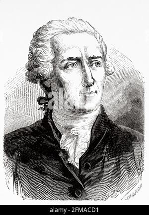 Porträt von Antoine Lavoisier. Antoine-Laurent de Lavoisier (1743-1794) war ein französischer Adliger und Chemiker, der von zentraler Bedeutung für die chemische Revolution des 18. Jahrhunderts war und einen großen Einfluss sowohl auf die Geschichte der Chemie als auch auf die Geschichte der Biologie hatte. Gilt als der Vater der modernen Chemie. Frankreich. Alte Illustration aus dem 19. Jahrhundert nach Histoire de la Revolution Francaise 1876 von Jules Michelet (1798-1874) Stockfoto