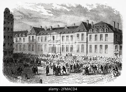 Die Verurteilten werden durch die Straßen von Paris geführt, um in der Gillotine hingerichtet zu werden. Frankreich. Alte Illustration aus dem 19. Jahrhundert nach Histoire de la Revolution Francaise 1876 von Jules Michelet (1798-1874) Stockfoto