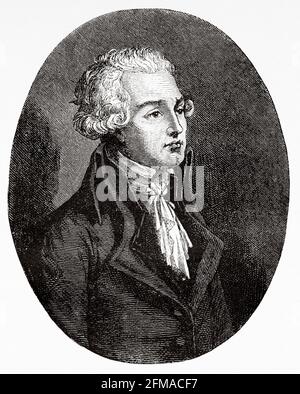 Porträt des jungen Robespierre. Maximilien Robespierre (1758-1794) Jakobiner Führer während der Französischen Revolution. Frankreich. Alte Illustration aus dem 19. Jahrhundert nach Histoire de la Revolution Francaise 1876 von Jules Michelet (1798-1874) Stockfoto