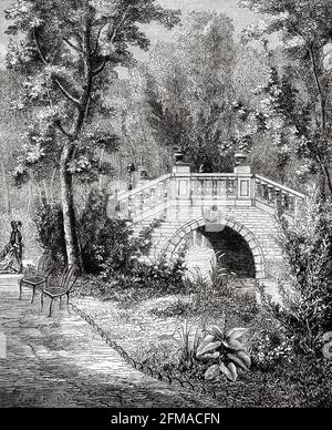 Brücke im Parc Monceau Gärten Paris. Frankreich. Alte Illustration aus dem 19. Jahrhundert nach Histoire de la Revolution Francaise 1876 von Jules Michelet (1798-1874) Stockfoto