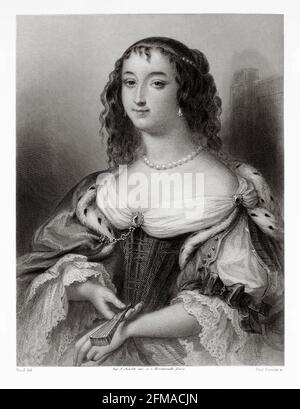 Porträt der Herzogin von Orléans. Henrietta Anne von England (1644-1670) war die jüngste Tochter von König Karl I. von England, Schottland und Irland und Henrietta Maria von Frankreich. Alte Illustration aus dem 19. Jahrhundert von der Galerie de Femmes Cebres von M. Sainte-Beuve 1864 Stockfoto