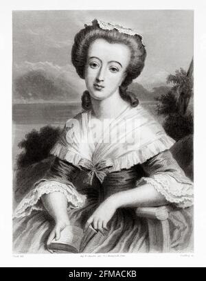 Porträt von Madame Necker. Suzanne Curchod (1737-1794) war eine französisch-schweizerische Salonistin und Schriftstellerin. Sie beherbergte einen der berühmtesten Salons des Ancien Régime. Sie entwickelte das Hospice de Charité, ein kleines Krankenhaus in Paris, das Necker-Enfants Malades Hospital. Sie war die Frau des französischen Finanzministers Jacques Necker. Frankreich. Alte Illustration aus dem 19. Jahrhundert von der Galerie de Femmes Cebres von M. Sainte-Beuve 1864 Stockfoto