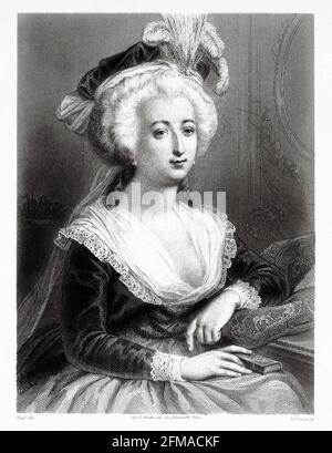 Porträt von Marie Antoinette. Maria Antonia Josepha Johanna (1755-1793) war die letzte Königin Frankreichs vor der Französischen Revolution. Während der Revolution wurde sie als Madame Déficte bekannt, weil die Finanzkrise des Landes auf ihre aufwendigen Ausgaben und ihren Widerstand gegen die Sozial- und Finanzreformen von Turgot und Necker zurückzuführen war. Frankreich. Alte Illustration aus dem 19. Jahrhundert von der Galerie de Femmes Cebres von M. Sainte-Beuve 1864 Stockfoto