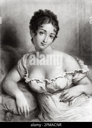 Porträt von Madame Récamier. Jeanne Francoise Julie Adélaide Récamier (1777-1849) bekannt als Juliette, war eine französische Sozialistin, deren Salon Pariser aus den führenden literarischen und politischen Kreisen des frühen 19. Jahrhunderts anzog. Frankreich. Alte Illustration aus dem 19. Jahrhundert von der Galerie de Femmes Cebres von M. Sainte-Beuve 1864 Stockfoto