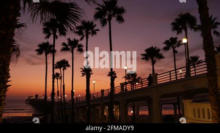 Palmen Silhouette am Dämmerungshimmel, Kalifornien USA, Oceanside Pier. Dämmerung strahlende Nachtstimmung. Tropischer pazifischer Ozeanstrand, Sonnenuntergang nach dem Aufleuchten ästhetisch. Dunkelschwarze Palme, Los Angeles Vibes. Stockfoto