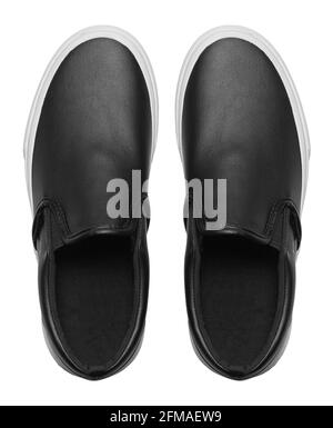 Schwarze Slip-On-Schuhe Ausschnitt Aus Der Draufsicht. Stockfoto