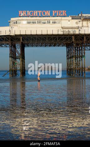 Der verfallene West Pier von Brighton wurde in die Struktur des „Brighton Pier“, des Palace Pier, eingefasst. Schwimmer auf dem Weg zum Schwimmen. Stockfoto