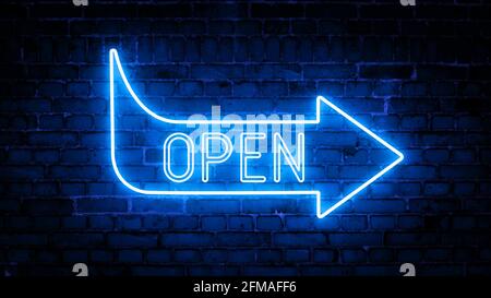 3D-Rendering von leuchtenden Neonpfeilen mit der Aufschrift auf einem Backsteinwand-Hintergrund geöffnet. Futuristischer Laserhintergrund Stockfoto