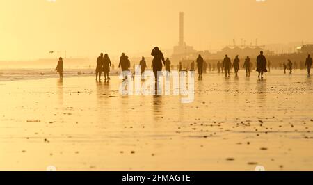 Brighton und Hove Beach bei Ebbe mit Blick nach Westen in Richtung Shoreham. Silhouetten von Menschen, die bei Sonnenuntergang am Sandstrand entlang wandern. East Sussex, England Stockfoto