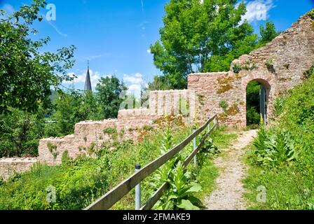 Treppe zur Ruine Scherenburg, Schloss, Weg, Sommer, Gemünden am Main, Main-Spessart, Franken, Bayern, Deutschland, Europa, Stockfoto