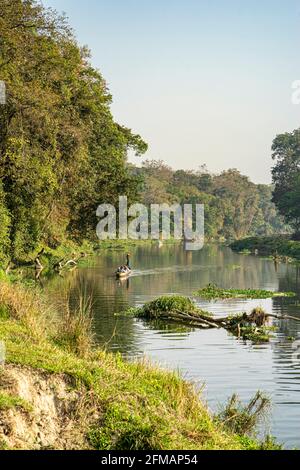 Touristen im Holzkanu auf dem Rapti River während einer Krokodilsafari, im Chitwan Nationalpark, im Chitwan Bezirk, in der Provinz Bagmati, Nepal Stockfoto