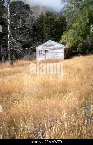 Altes Bauernhaus in Quailburn, in der Nähe von Omarama, McKenzie Country, Canterbury, Südinsel, Neuseeland Stockfoto