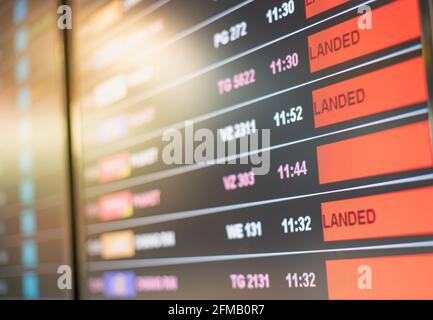 Fluginformationsbildschirm oder Anzeige und Anzeige des Zeitstatus am Flughafen. Verschiedene Städte und Reiseziele aus der ganzen Welt. Stockfoto