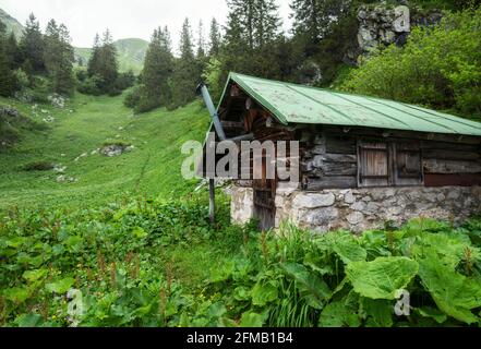 Urige Almhütte in einer grünen Berglandschaft an einem bewölkten Sommertag bei Oberstdorf. Allgäuer Alpen, Bayern, Deutschland, Europa Stockfoto