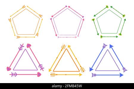 Legen Sie bunte Pfeilrahmen fest. Stammesvölker. Pfeilbogen in verschiedenen Variationen Dreieck, dreieck. Farbige Vektor-lineare Formen. Dekorative Elemente für Raum, Menü. Stock Vektor