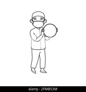 Ustad Charakter Spiel Tambourine und trägt eine Gesichtsmaske. Vektorgrafik. Malbuch. Stock Vektor