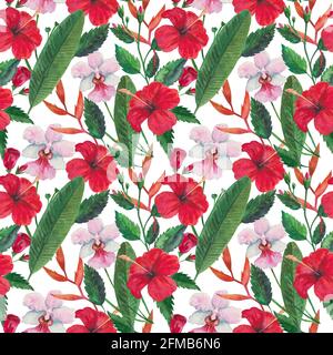 Tropisches nahtloses Muster mit roten Hibiskusblüten, Orchideen und Blättern. Aquarelldarstellung. Stockfoto