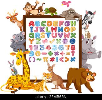 Alphabet A-Z und mathematische Symbole auf einem Brett mit wild Darstellung der Tiere Stock Vektor