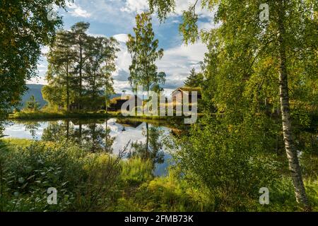 Historische Gebäude im Freilichtmuseum Maihaugen, Lillehammer, Innlandet, Norwegen Stockfoto