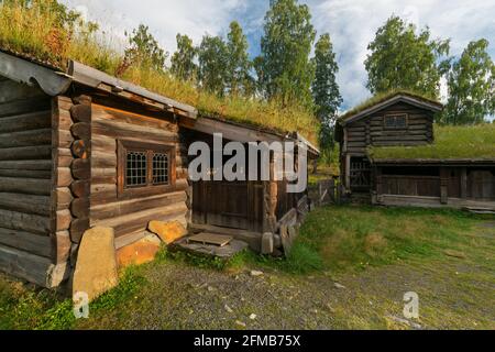 Historische Gebäude im Freilichtmuseum Maihaugen, Lillehammer, Innlandet, Norwegen Stockfoto