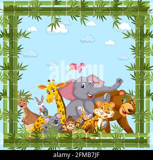 Wilde Tiere Gruppe mit Bambus Rahmen Illustration Stock Vektor