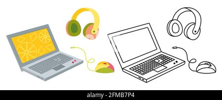 Laptop-Computer Wohnung Cartoon Satz Linie Symbol. Laptop-Kopfhörer und Computermaus. Zurück zur Schule handgezeichnetes Zeichentrickfilm-Zeichen. Computerkonzept für Bildung oder Arbeitsumgebungen – Symbolkit. Vektorgrafik Stock Vektor