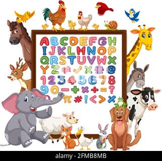 Alphabet A-Z und mathematische Symbole auf einem Brett mit wild Darstellung der Tiere Stock Vektor
