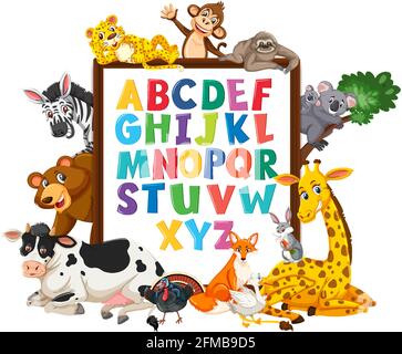 A-Z Alphabet Tafel mit wilden Tieren Illustration Stock Vektor