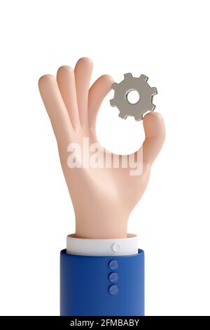 Cartoon-Hand hält ein Getriebe isoliert auf weißem Hintergrund. 3d-Illustration. Stockfoto