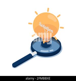 Flache isometrische 3D-Glühlampe der Idee mit Word-Lösung im Inneren über Vergrößerungsglas. Geschäftslösung und Ideenkonzept. Stock Vektor
