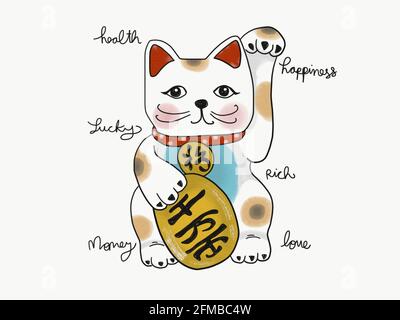 Nette weiße glückliche Katze mit japanischen Wort bedeuten Glück und Glück Cartoon Aquarell Malerei Illustration Stockfoto