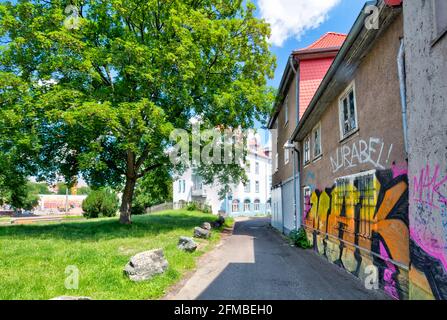 Graffiti, Hausfassade, Altstadt, Sommer, Gotha, Thüringen, Deutschland, Europa Stockfoto
