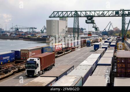 Köln, Nordrhein-Westfalen, Deutschland - Hafen von Köln Niehl, kombinierter Transport und Umschlag, Containerlagerung am Containerterminal. Stockfoto