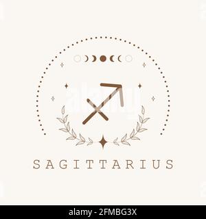 Schütze. Sternzeichen im Boho-Stil. Astrologisches Symbol auf weißem Hintergrund isoliert. Mystery und esoterisch. Horoskop Logo Vektor Illustration Stock Vektor