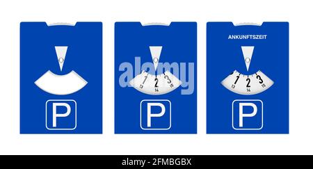 Blaue Parkscheibe mit isolierter Ankunftszeit auf Weiß Stockfotografie -  Alamy