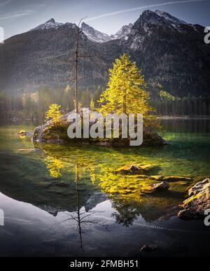 Das erste Licht am Hintersee in Deutschland. Stockfoto